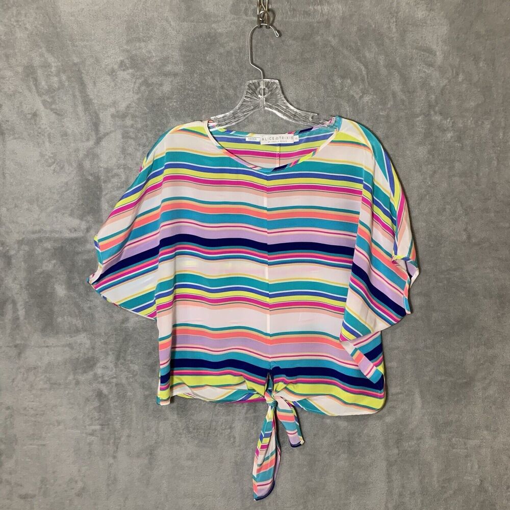 Alice & Trixie Top XS 100% Silk Bright Striped Rainbow Dolman Blouse Tie Boxy